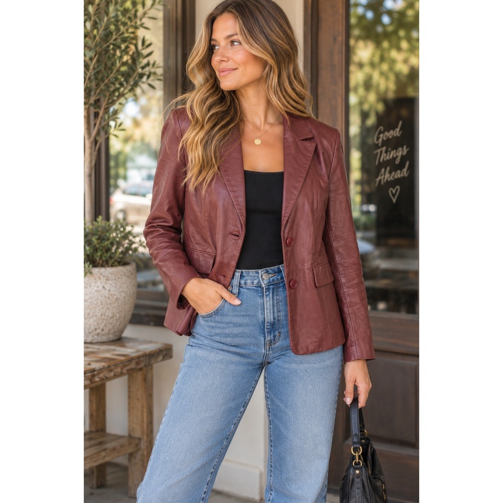 Bagatelle Womens Burgundy Leather Blazer Jacket Two Button Professional Coat